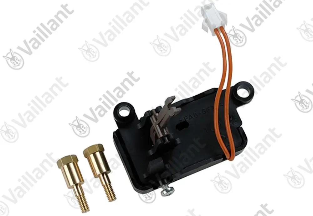Mikroschalter von Vaillant, mit orangefarbenen Drähten und zwei goldenen Anschlussverbindern auf schwarzem Gehäuse, abgebildet auf hellem Hintergrund.
